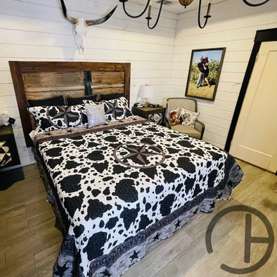 Blk Cow Star Quilt 3 Piece Bed Set
