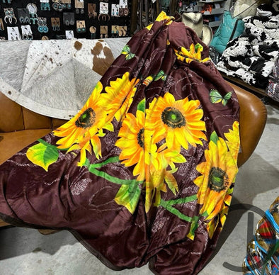 Burgandy Sunflower Pixie Throw Blanket New
