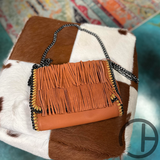 Caramel Stitched Chain Fringe Crossbody