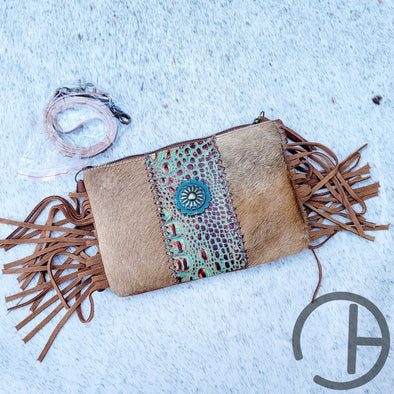 Concho Tooled Leather Cowhide Crossbody Clutch