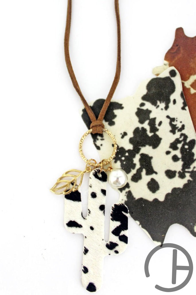 Cow Print Cactus Cluster Pendant Cord Necklace