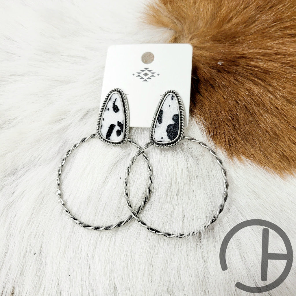 Cow Silvertone Hoop Earrings