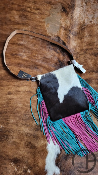 Cowhide Fringe Turq/pink Concealed Carry Crossbody Purse