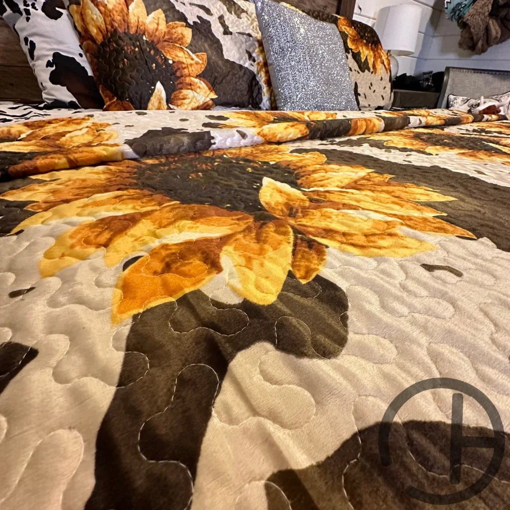 Cream Cow Sunflower Cowprint Velvet Quilt 3 Piece Bed Set