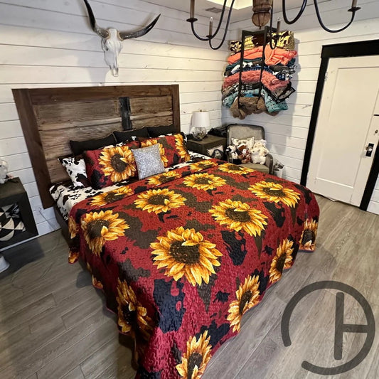 Deep Red Sunflower Cowprint Velvet Quilt 3 Piece Bed Set