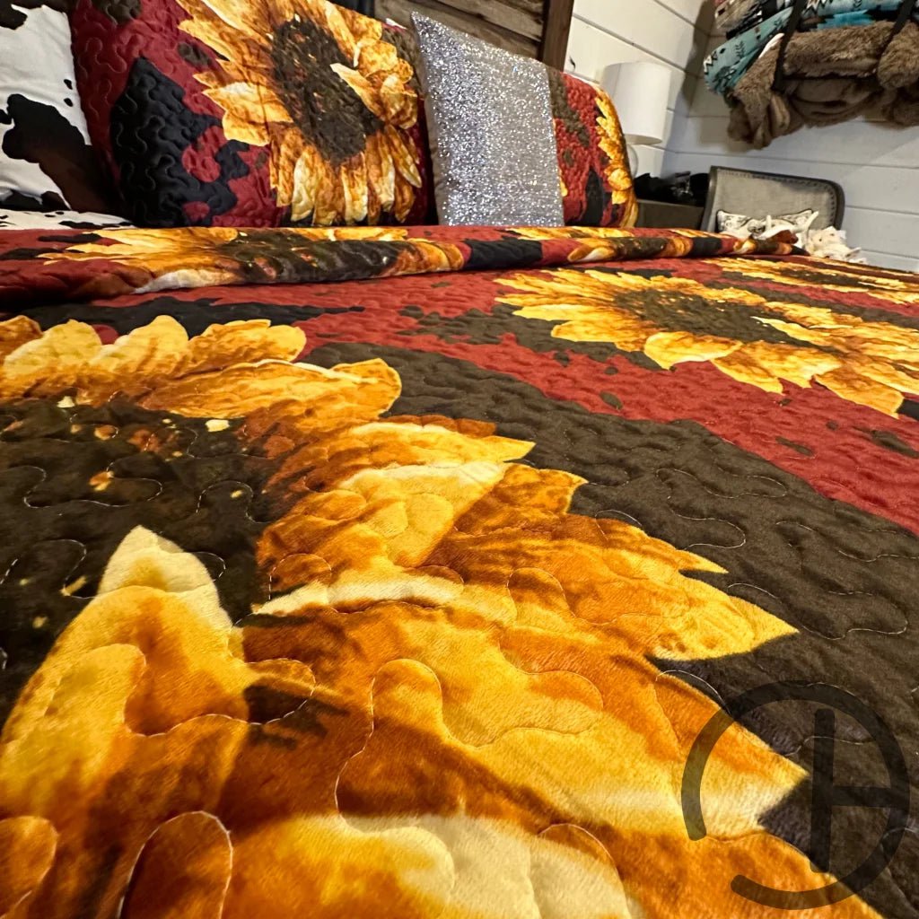 Deep Red Sunflower Cowprint Velvet Quilt 3 Piece Bed Set