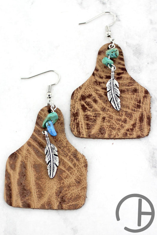 Feather And Weathered Brown Cattle Tag Earrings