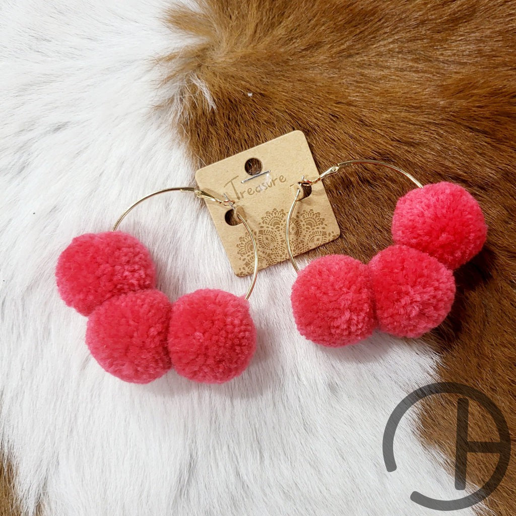 Hot Pink Triple Pompom Hoop Earrings