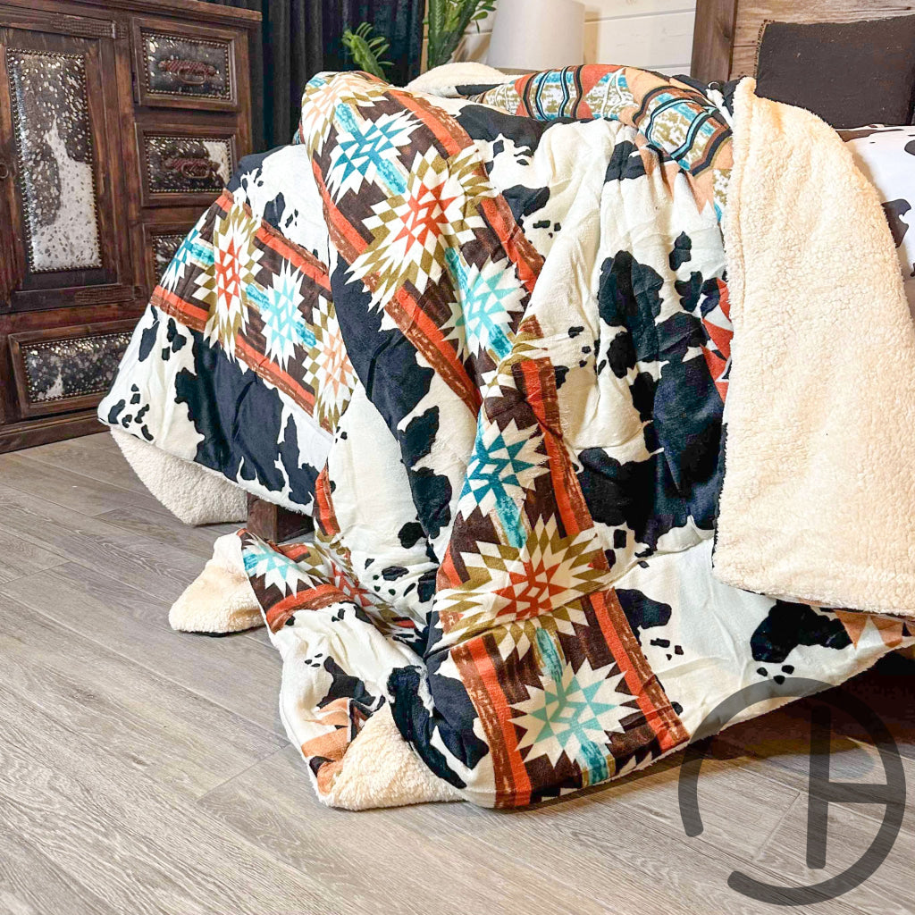 Jumbo Sherpa Cream Cow Aztec Blanket Throw - Soft And Cozy 88X90 Inches