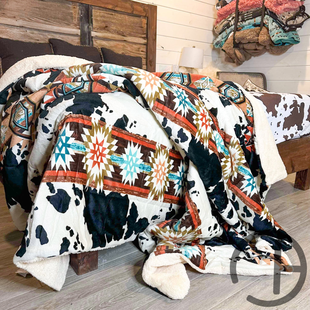 Jumbo Sherpa Cream Cow Aztec Blanket Throw - Soft And Cozy 88X90 Inches