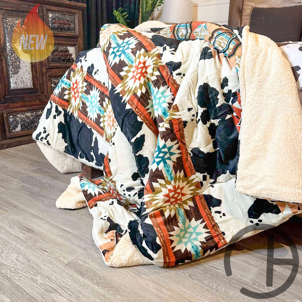 Jumbo Sherpa Cream Cow Aztec Blanket Throw - Soft And Cozy 88X90 Inches