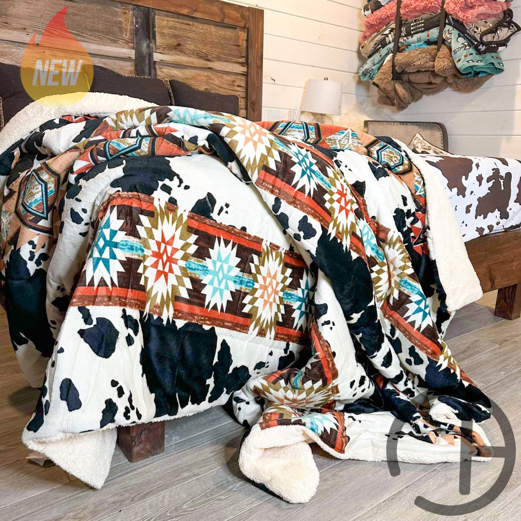 Jumbo Sherpa Cream Cow Aztec Blanket Throw - Soft And Cozy 88X90 Inches