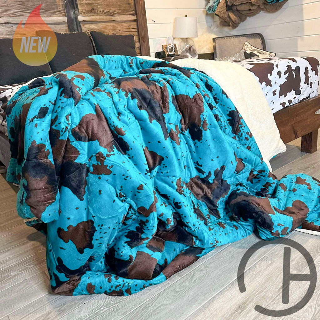 Jumbo Sherpa Teal Moo Blanket Throw - Soft And Cozy 88X90 Inches