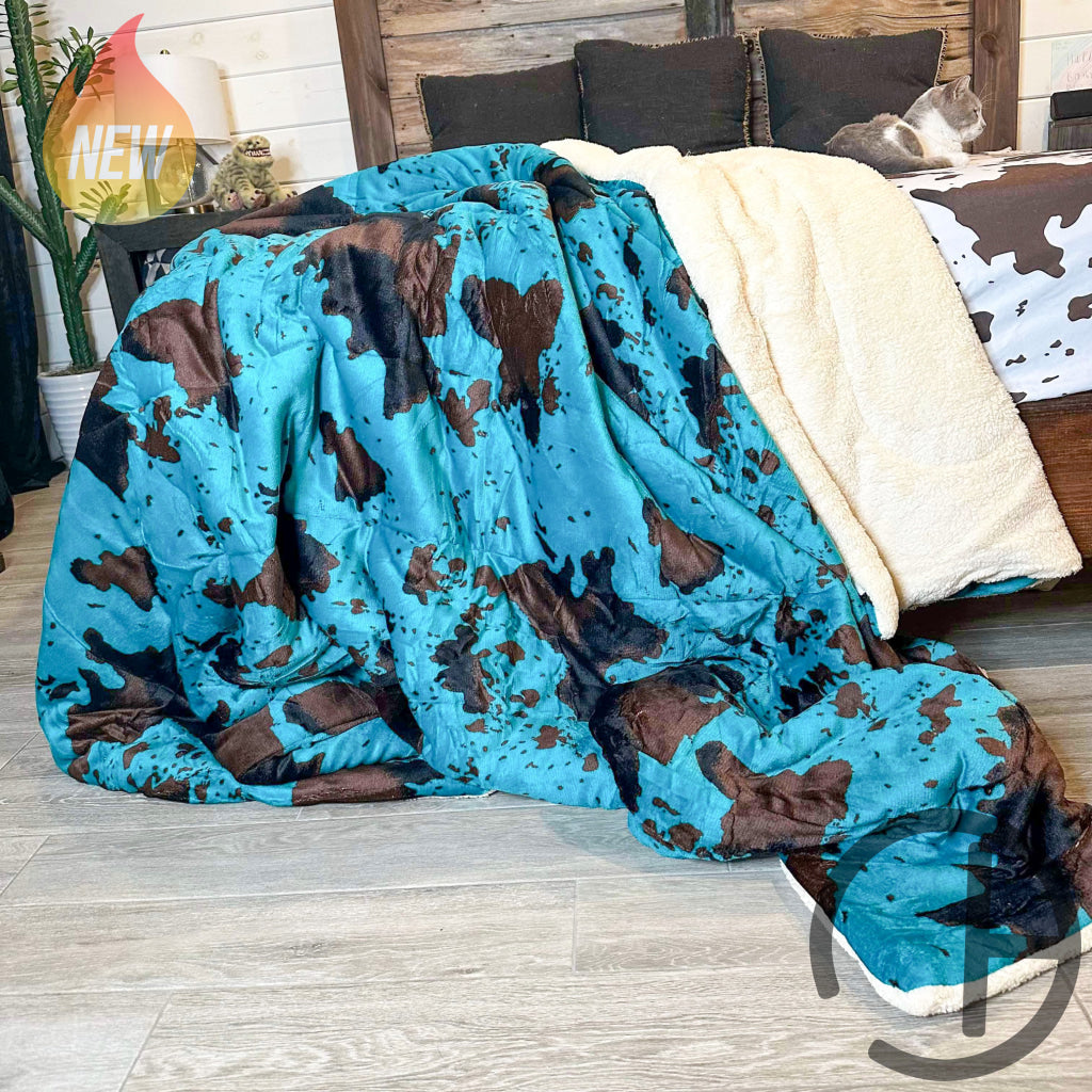 Jumbo Sherpa Teal Moo Blanket Throw - Soft And Cozy 88X90 Inches