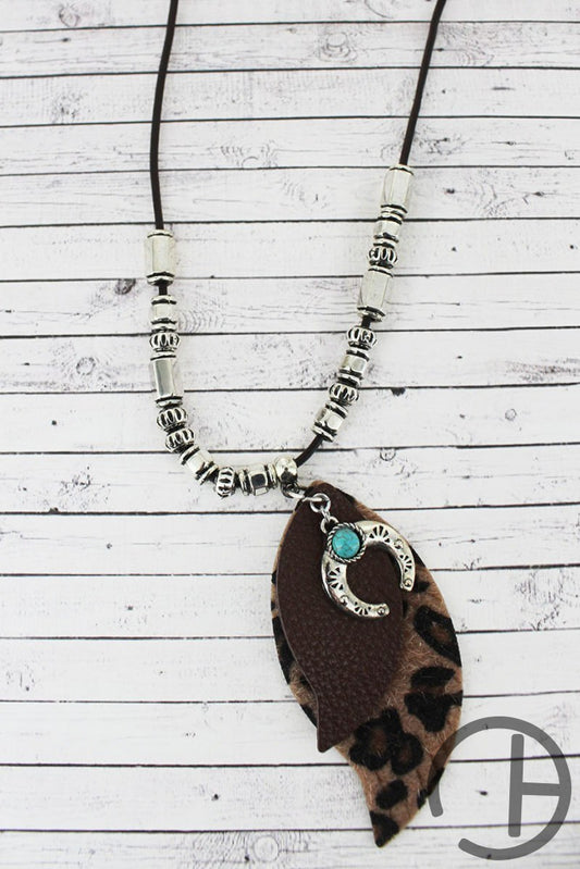 Layered Naja And Leopard Petal Pendant Cord Necklace