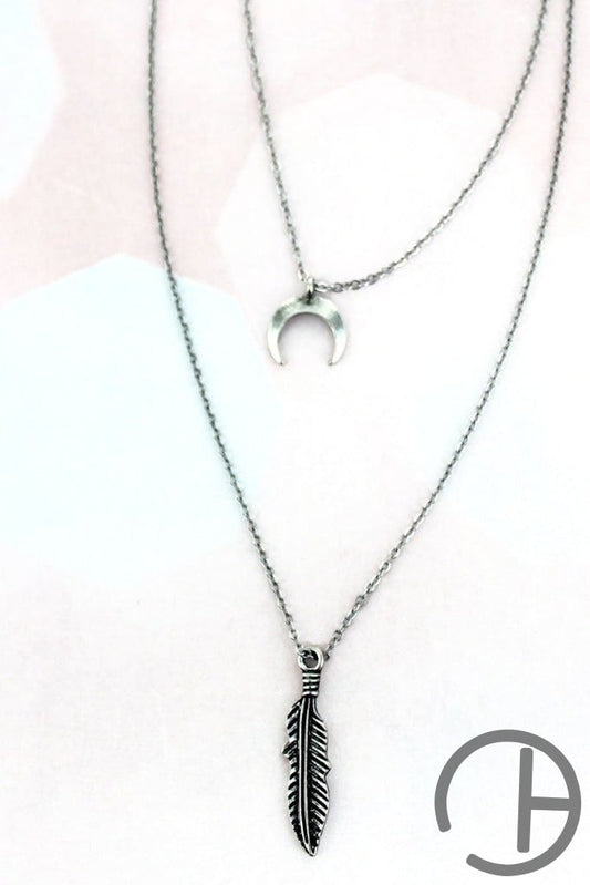 Layered Silvertone Feather And Moon Necklace