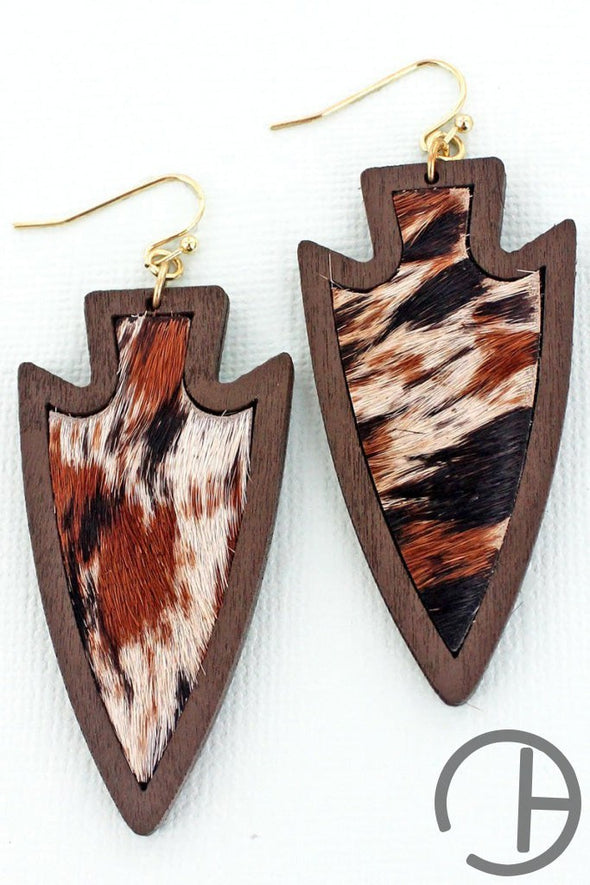 Lomira Cowhide Wood Arrowhead Earrings