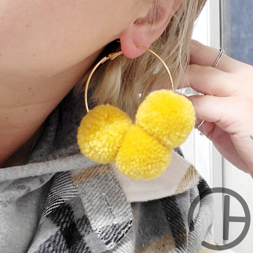 Mustard Triple Pompom Hoop Earrings