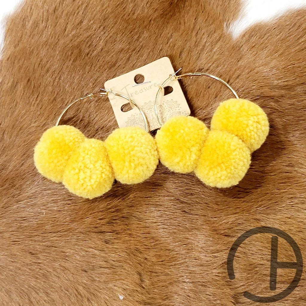 Mustard Triple Pompom Hoop Earrings