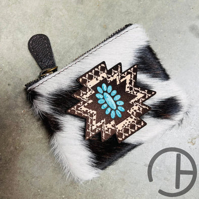 Painted Leather Cowhide Coin Pouch Chocolate Aztec Concho