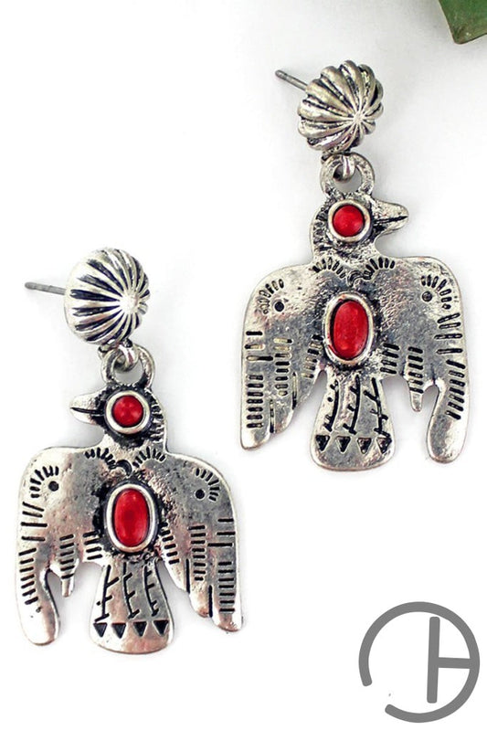 Red And Silvertone Thunderbird Earrings