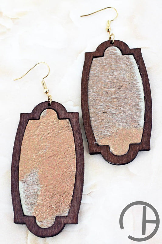 Rose Gold Cowhide And Wood Frame Earrings