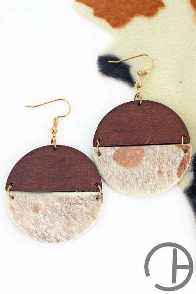 Rose Gold Cowhide And Wood Split Disk Earrings