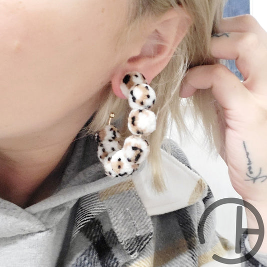 Snow Leopard Pompom Hoop Earrings