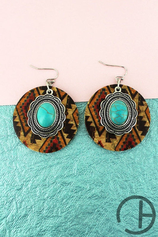 Southwestern Cork Disk And Turquoise Concho Earrings