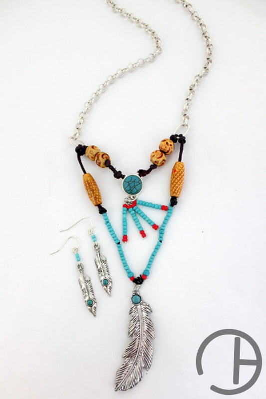 Southwestern Silvertone Feather Pendant Necklace And Earring Set