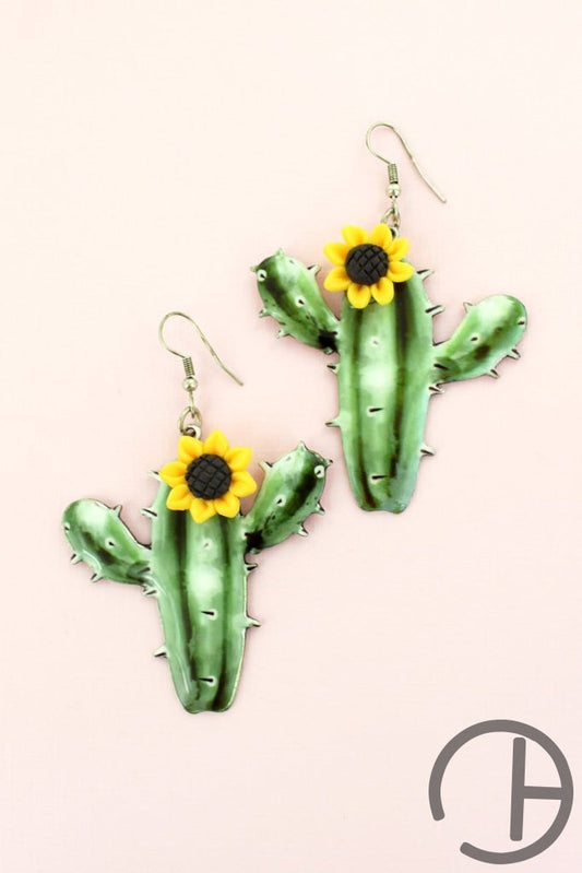 Sunflower Accented Cactus Earrings