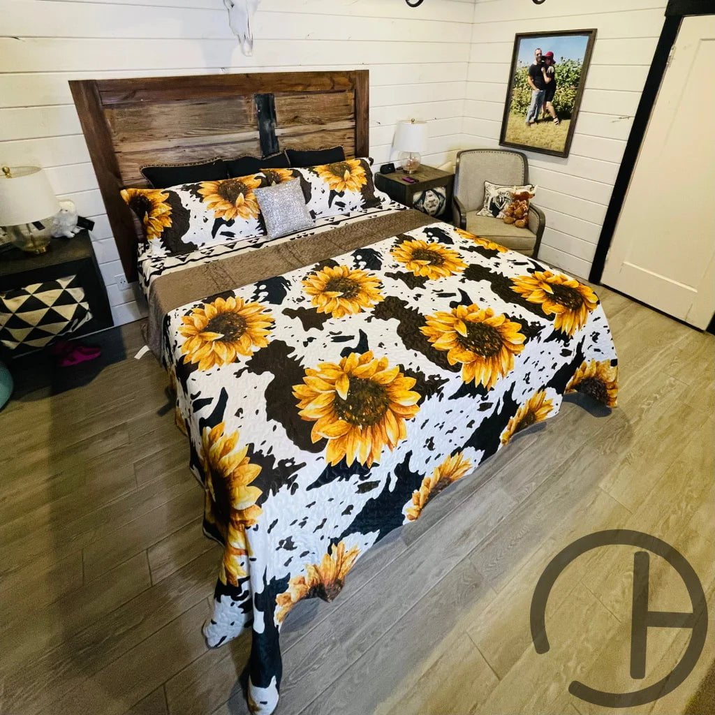 Sunflower Cow Velvet Quilt 3 Piece Bed Set