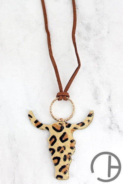  Tan Leopard Steer Pendant Cord Necklace