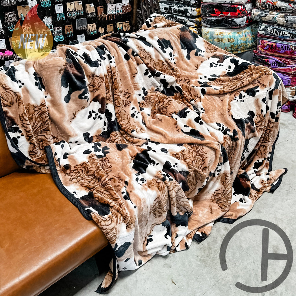 Tan Tooled Moo Cow Oversized Throw Blanket