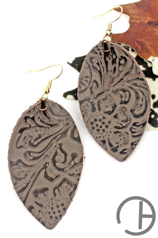 Taupe Faux Leather Tooled Petal Earrings