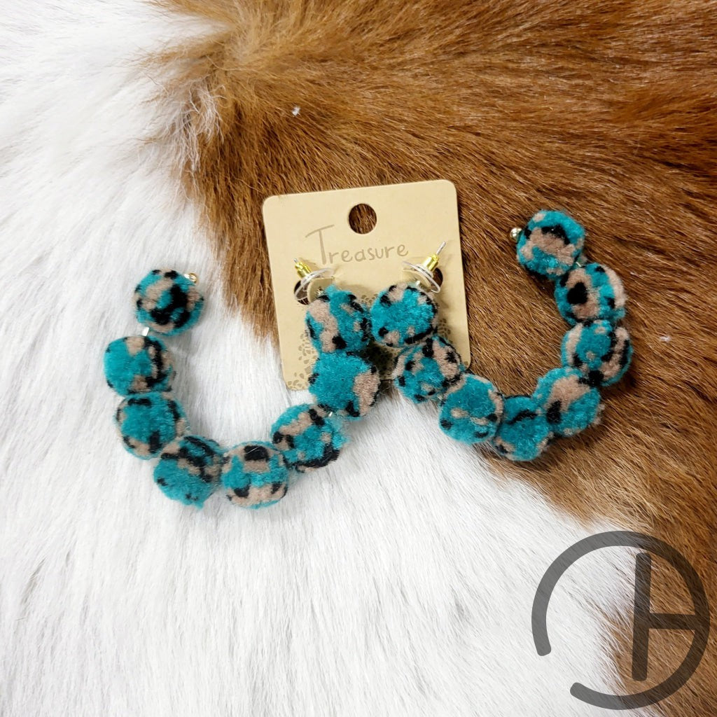 Teal Leopard Pompom Hoop Earrings