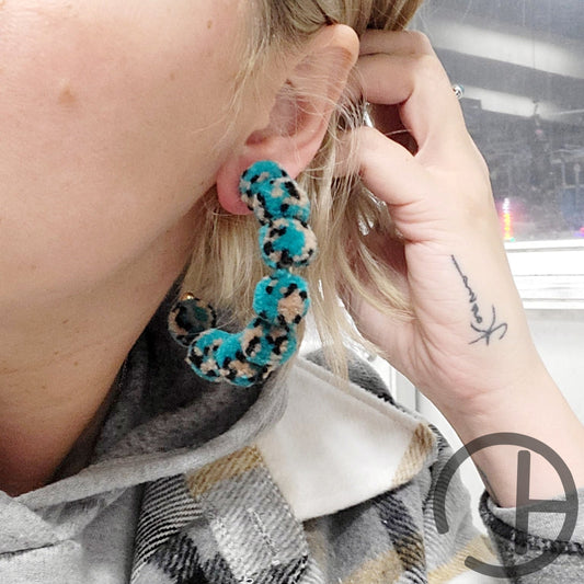 Teal Leopard Pompom Hoop Earrings