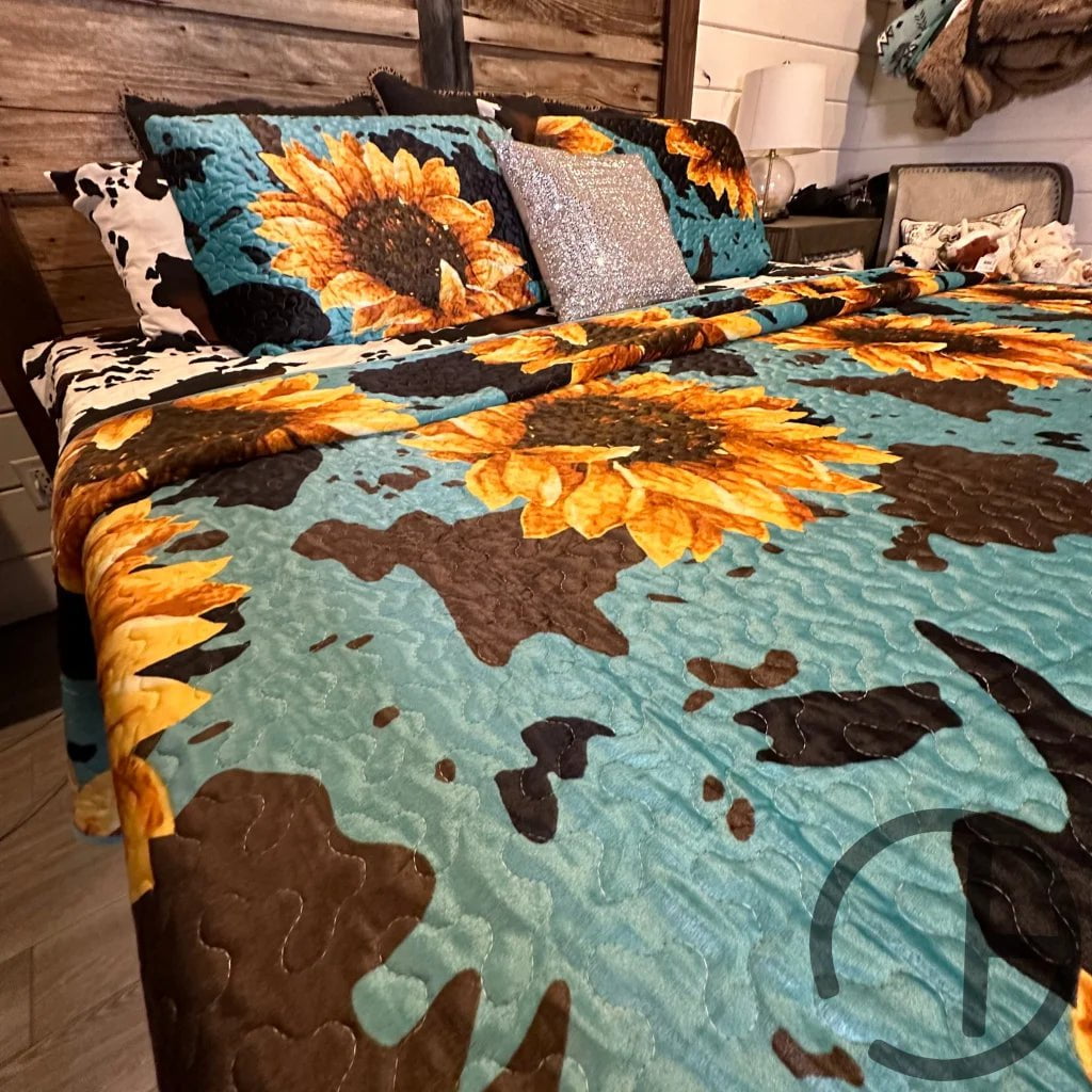 Teal Moo Sunflower Cowprint Velvet Quilt 3 Piece Bed Set