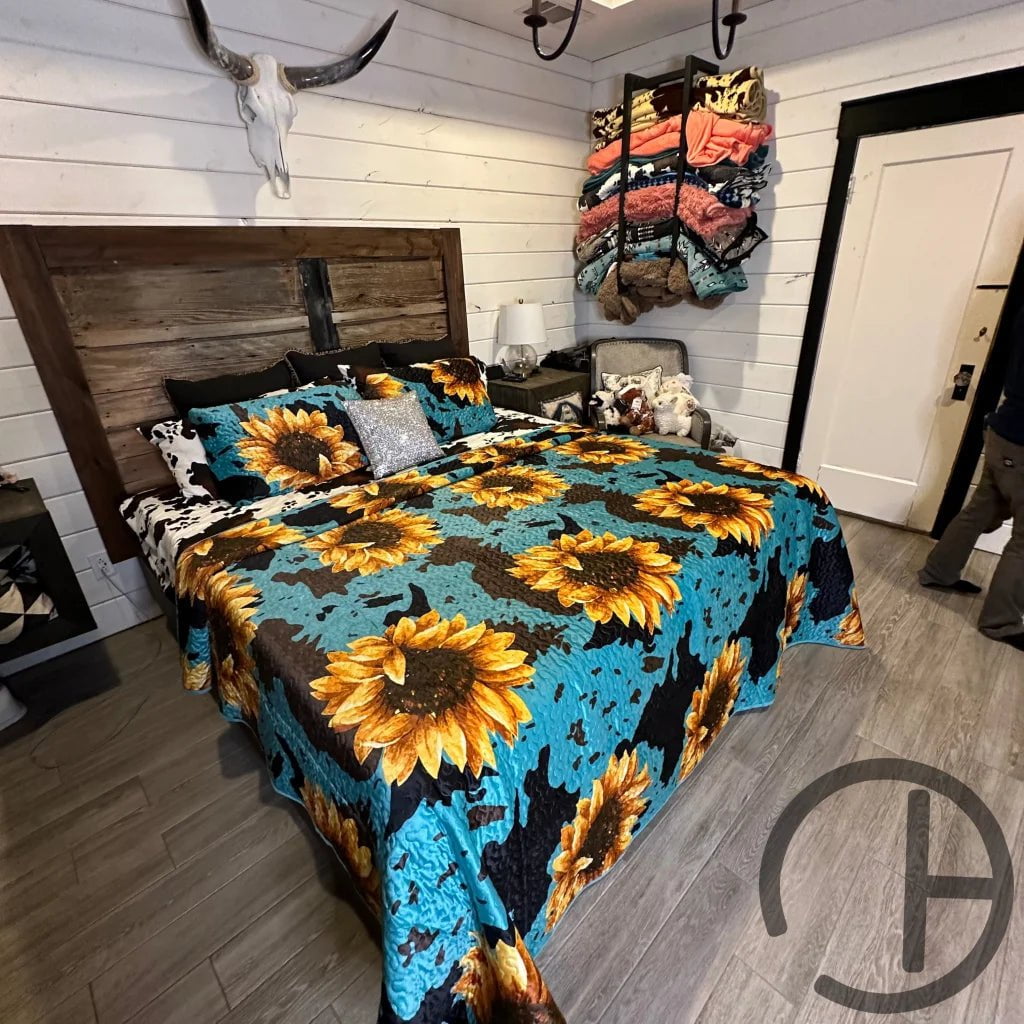 Teal Moo Sunflower Cowprint Velvet Quilt 3 Piece Bed Set
