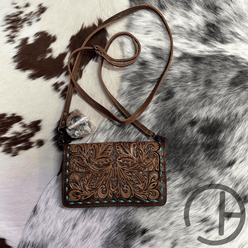 Teal Stitch Tooled Leather Crossbody Wallet