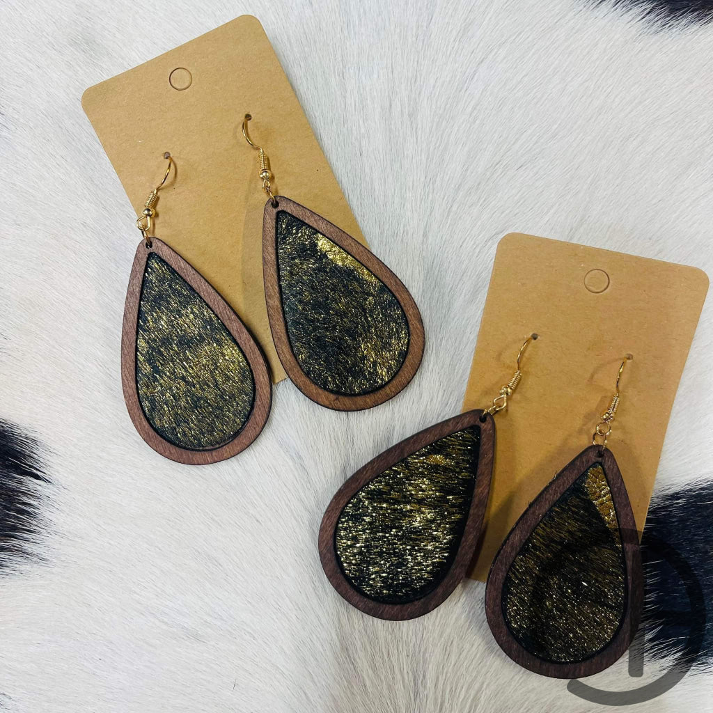 Teardrop Wood Gold Cowhide Earrings