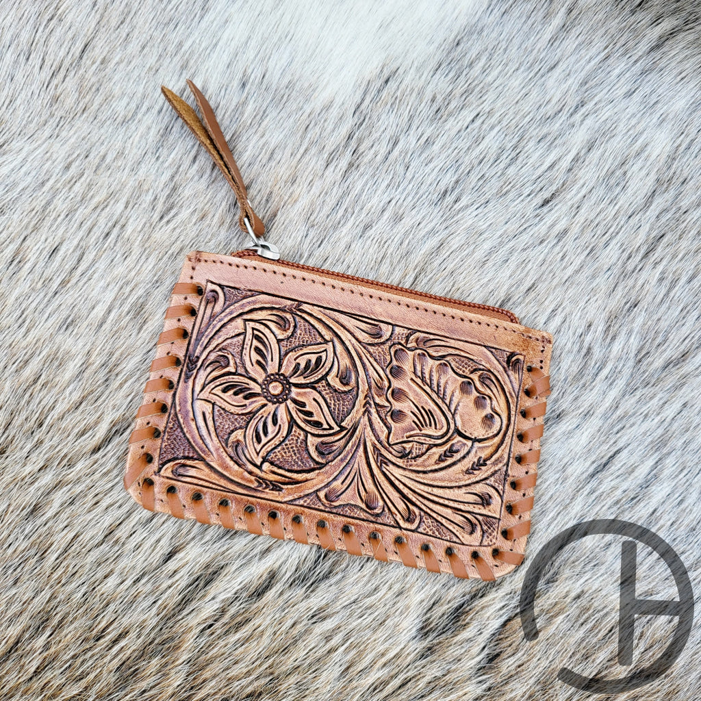 Tooled Cowhide Coin Pouch