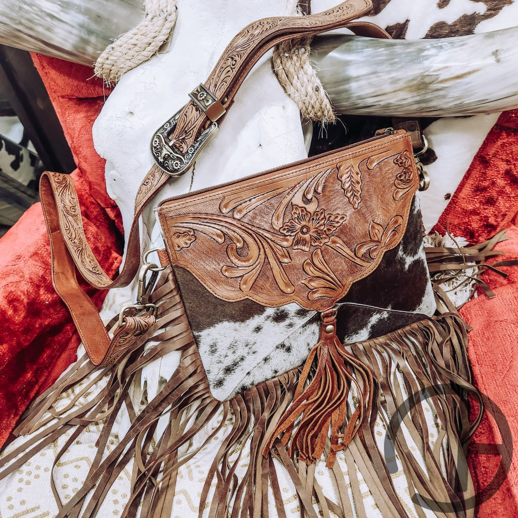 Tooled Fringe Buckle Strap Purse Crossbody