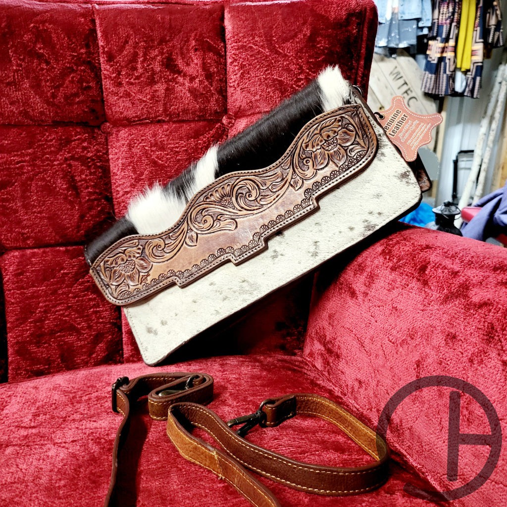 Tooled Leather Cowhide Slim Clutch Handbag