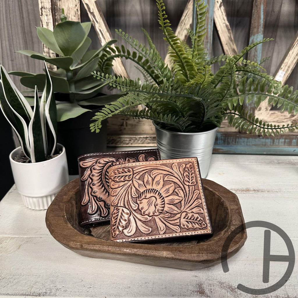 Tooled Leather Flap Wallet Caramel