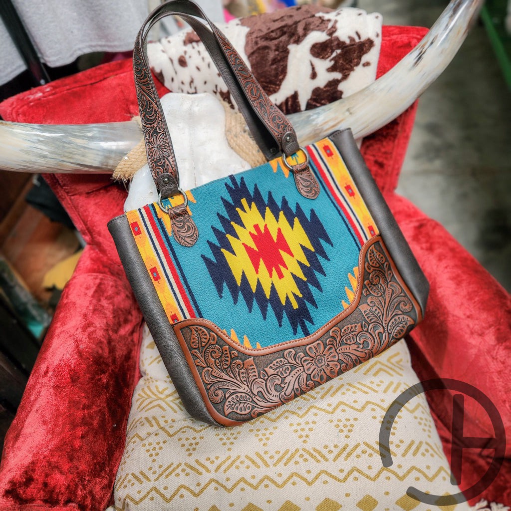 Tooled Leather Turq Aztec Purse