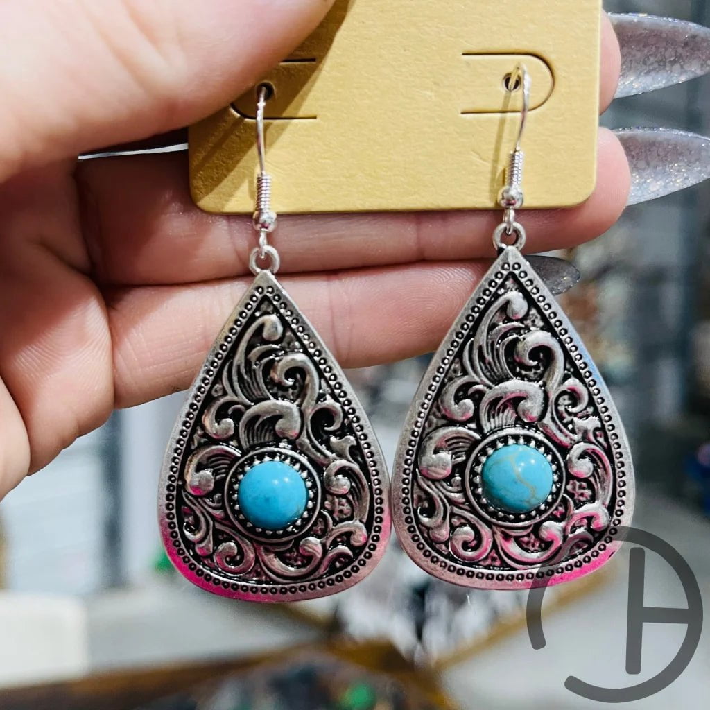 Tooled Turq Tear Drop Earring