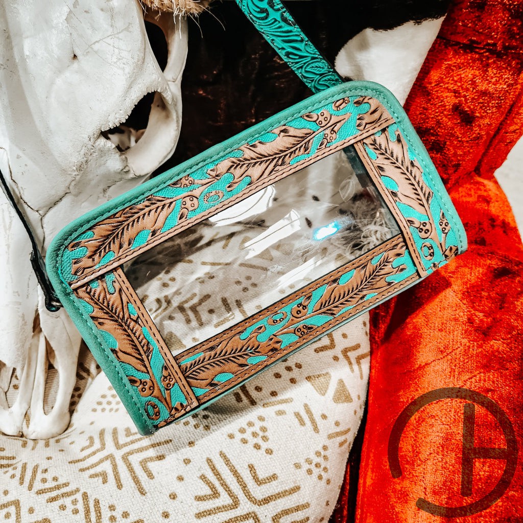 Turq Clear Tooled Stadium Leather Crossbody