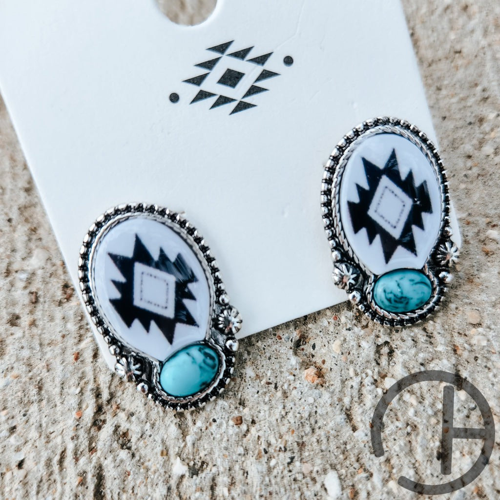 Turq White Black Aztec Stud Earrings