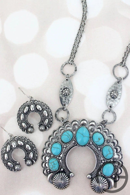 Turquoise And Silvertone Cecelia Squash Blossom Necklace Earring Set